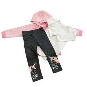 Infant Girls Leggings, White Lace Trim Bodysuit, & Pink Hoodie Size 12 Months